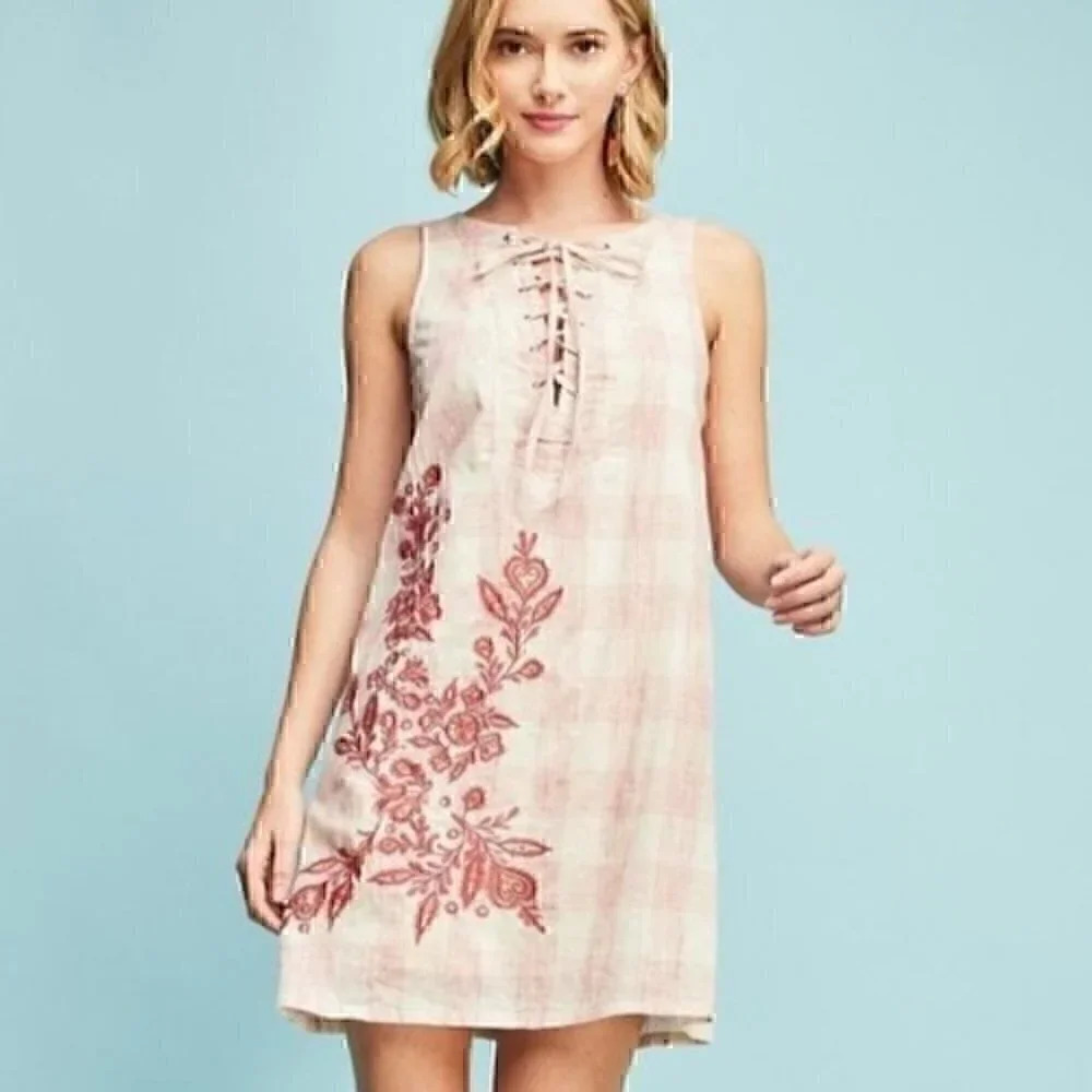 Entro Plaid Embroidered Lace Up Dress